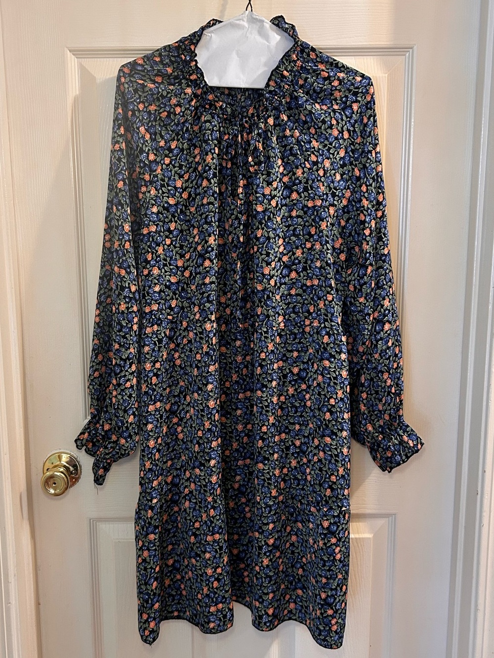 Floral Long Sleeve Smocked Neck Dress - Navy/Coral